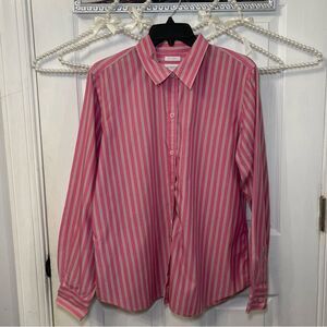 Classic Liz Claiborne Pink and Tan Striped Button Down Women’s Y2K Non-iron
